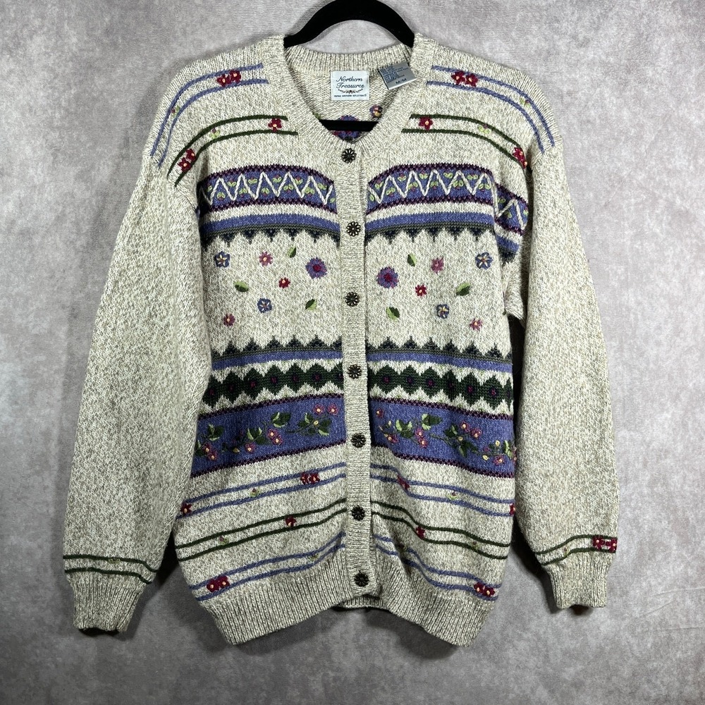 Vintage Northern Treasures Cardigan Sweater Womens Medium Beige Wool Blend Artsy